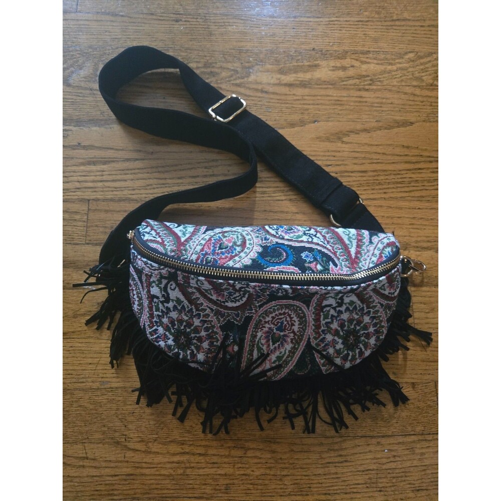 Anthropologie Crescent Fringe Tapestry Sling Bag Rare Sample NWOT